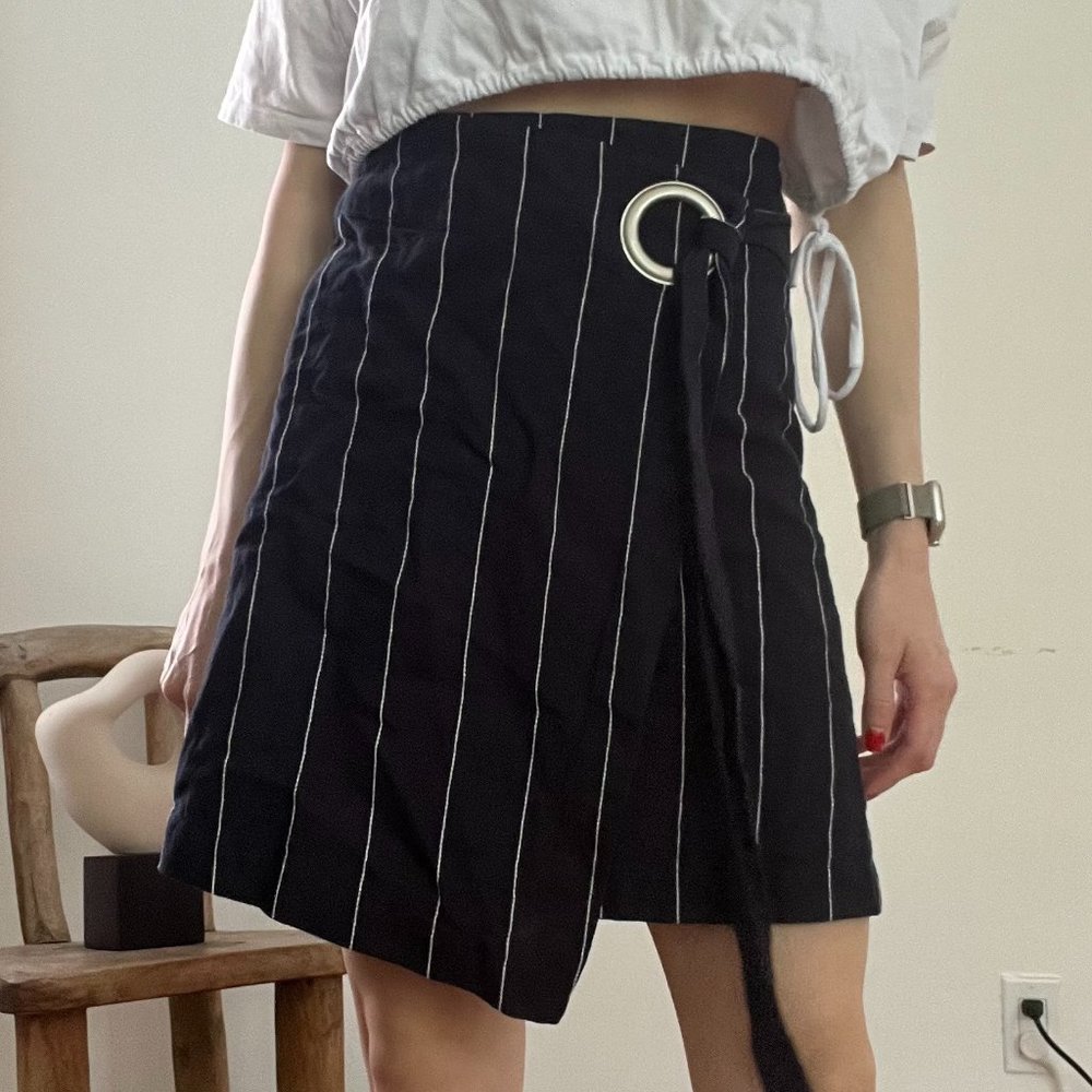 Dark Blue Asymmetrical Stripe Wrap Skirt